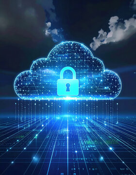 Secure cloud computing concept with glowing padlock, digital network grid, data stream, and dramatic night sky