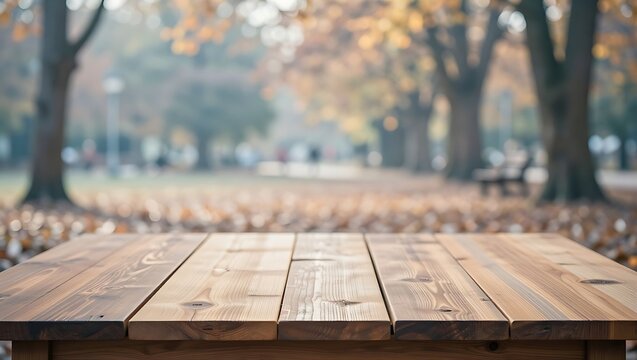 A rustic wooden table rests under the warm glow of an autumn park.