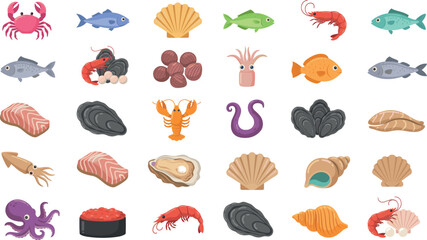 Obraz premium Seafood and marine life vector set featuring fish shrimp crab lobster octopus squid shells caviar and salmon fillet icons