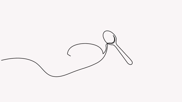 Frying pan and spoon line art animation loop featuring a continuous line drawing of kitchenware with a pan and a spoon. Motion graphics animation.