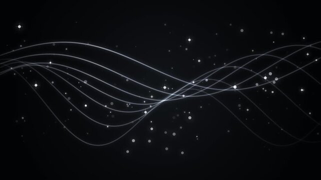 Elegant Glowing Silver Wave Lines With Floating Particles On Dark Background Motion Graphic Footage