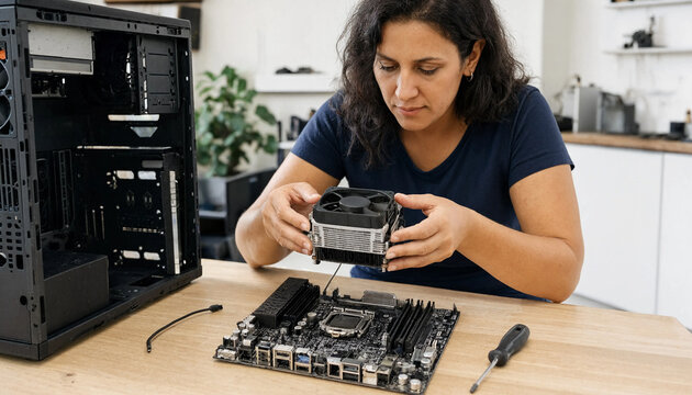 Adult woman installs a cooling fan on a computer motherboard beside an open desktop case at a workbench. Hands-on computer repair and hardware upgrade concept.