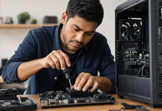 Young man uses a screwdriver to install a component on a computer motherboard beside an open desktop tower in a workshop. Technology repair and DIY concept.