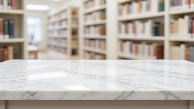 A stylish marble table offers a clean surface in a serene library.