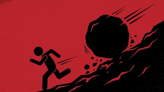 Minimalist stick figure running from falling boulder, red background disaster concept, silhouette of man escaping rolling rock on hill