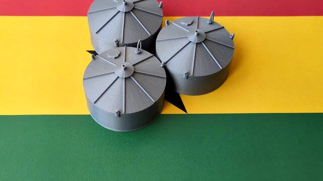Liquefied gas storage tanks set against the Ghana flag. Liquefied gas tanks