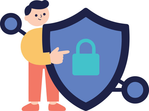 Man protecting digital security with shield and magnifying glass