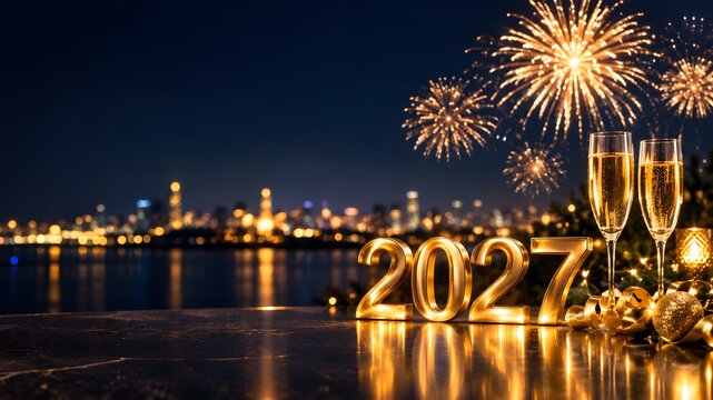 Golden numerals for 2027 and champagne glasses celebrate new year s eve with fireworks