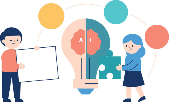 Children collaborating on a bright idea with lightbulb illustration