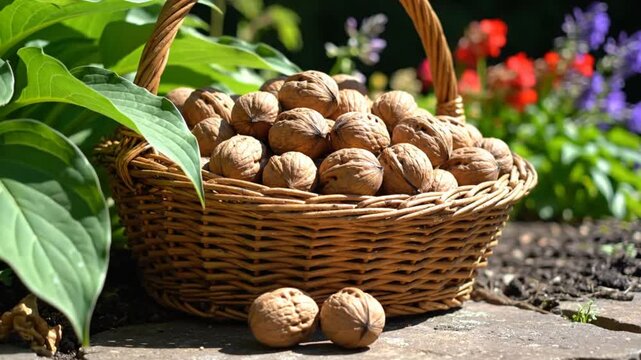 Abundant harvest of walnuts in a wicker basket resting outdoors with flowers and greenery on a sunny day