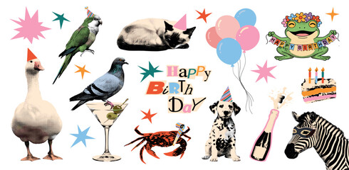 Fototapeta premium Happy birthday halftone art collage cut outs set. Fun stickers with vintage dot texture and doodles, animals wearing party hats, champagne, cheers and cake Modern retro mixed media vector illustration