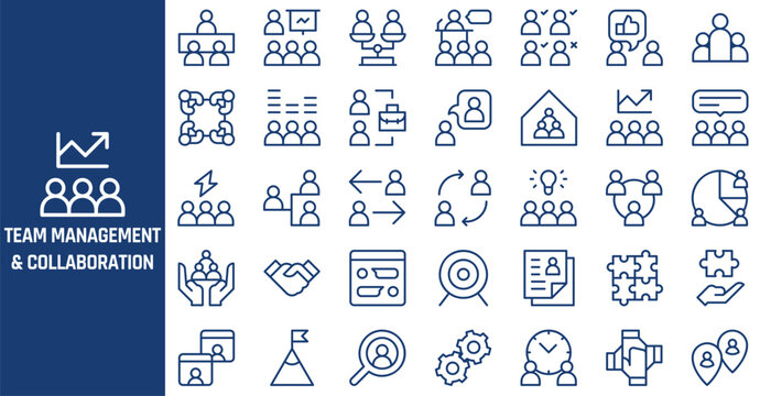Blue line vector icons representing professional business team management and collaboration