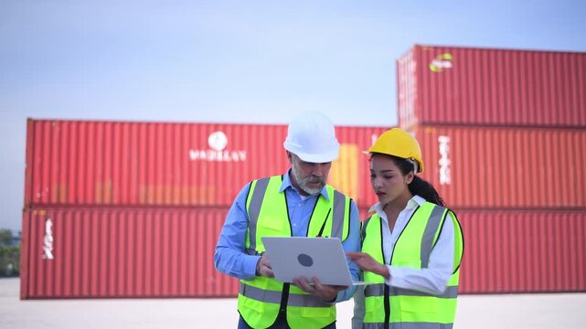 Engineers wearing safety helmets and high visibility clothing discussing logistics and inspecting shipping terminal representing container management freight.