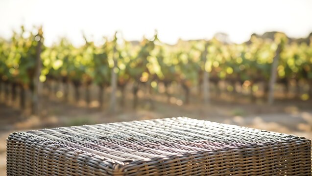 A rustic square wicker table sits invitingly in a beautiful sunny vineyard.