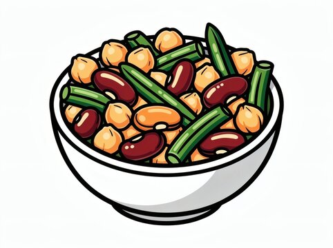 Bean salad in a white bowl containing chickpeas, kidney beans, and green beans illustrated in a clean cartoon style.