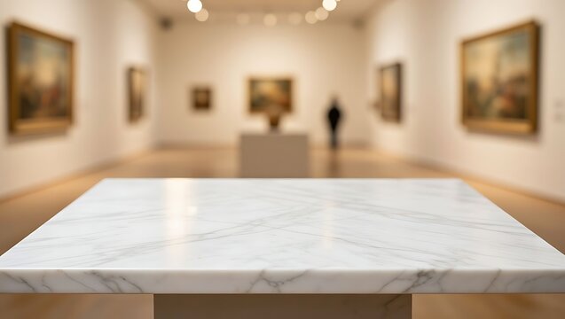 White marble surface with blurred art gallery paintings and visitors in background.