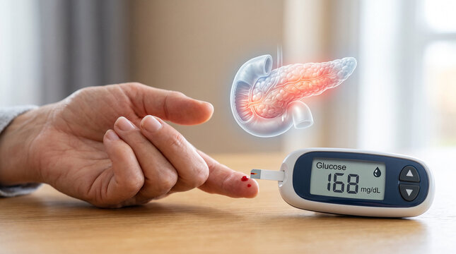 Blood glucose monitoring with glucometer and pancreas anatomy overlay for diabetes management