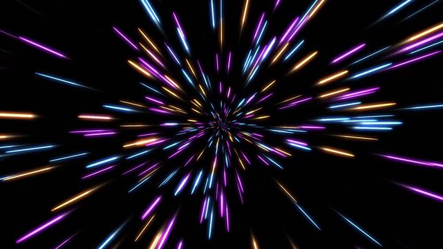 Neon hyperspace warp tunnel with vibrant light streams