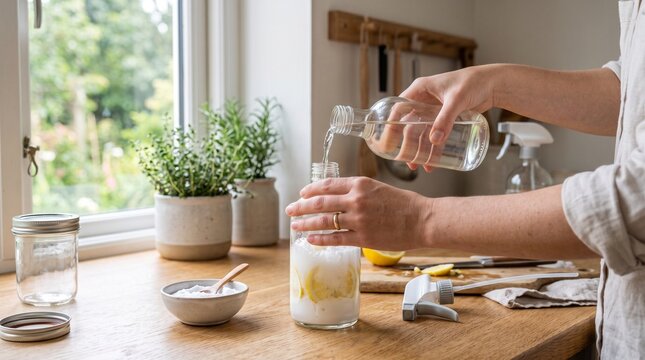 Woman making DIY natural cleaner by pouring white vinegar over lemon slices and baking soda representing non-toxic eco kitchen cleaning
