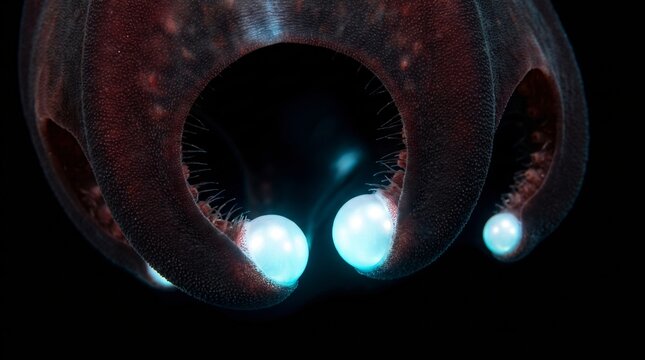 Vampire Squid Arm Photophores Vampyroteuthis Infernalis Bioluminescent Organs Glowing in Abyssal Ocean Void with Black Velvet Webbed Cloak for Marine Biology Science Research and Education Banner