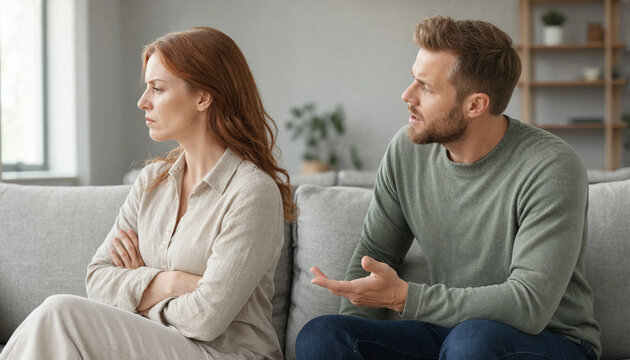 Adult couple sits on a sofa during a serious conversation, with the woman looking away and the man gesturing. Indoor relationship communication concept.