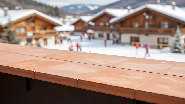 A rustic tiled counter overlooks a picturesque snow-covered ski resort village in winter.