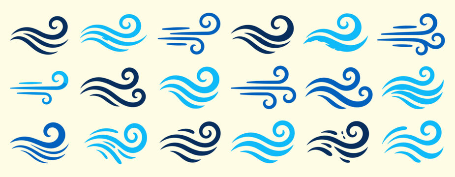 Hand drawn wind icon collection with flowing air waves, breeze lines, windy weather symbols, swirling gust movement and doodle blow elements isolated on white background vector illustration