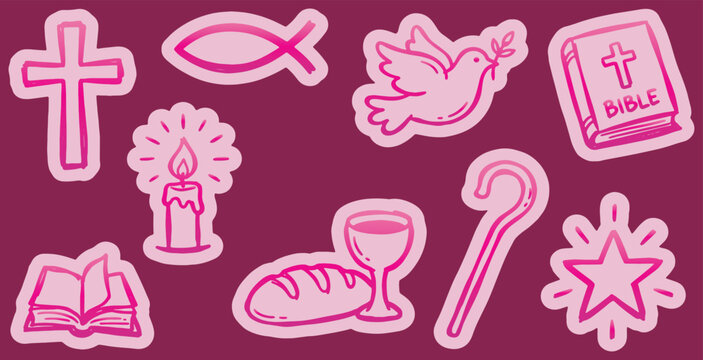 Collection of Christian religious symbols and icons in a doodle art style.