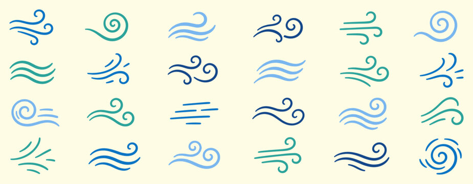 Blowing wind outline icon collection with hand drawn breeze lines, flowing air wave symbols and windy climate elements for weather forecast and nature vector illustration