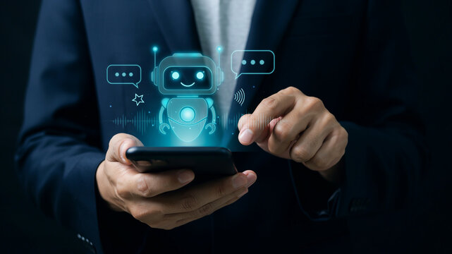 Man holding smartphone with glowing chatbot icon and speech bubbles on screen, representing AI communication