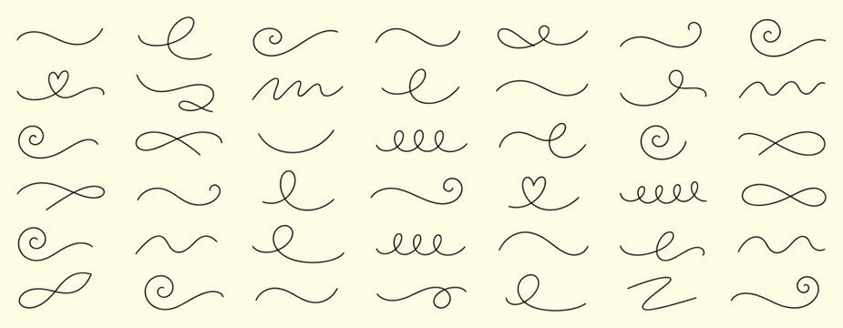Abstract squiggle line collection with curvy wavy shapes, swirl strokes, thin doodle waves, hand drawn scribbles, decorative dividers and flowing vector illustration