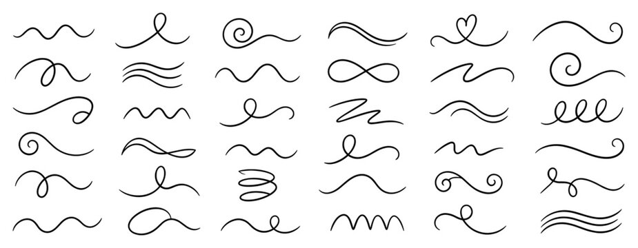 Wavy squiggle shapes and abstract curvy line set with hand drawn swirl strokes, thin flowing waves, doodle scribbles, decorative swashes and modern vector illustration