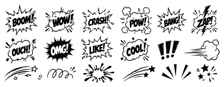 Comic line splash set with hand drawn cartoon pop, boom and wow effects, explosive speech bubble bursts, action motion lines and emphasis elements vector illustration