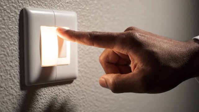 Hand pushes switch to turn electric light on and off