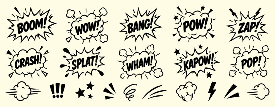 Cartoon comic burst collection with explosive pop, boom and wow line effects, hand drawn action splashes, speech bubbles, speed marks and emphasis symbols vector illustration