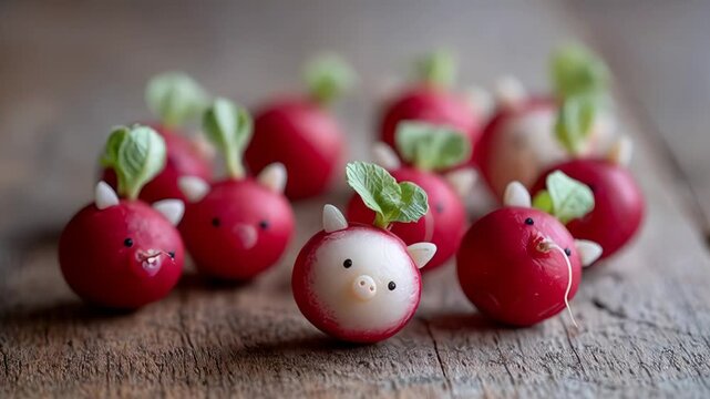 Creative radish art featuring cute devil faces with leaf accents