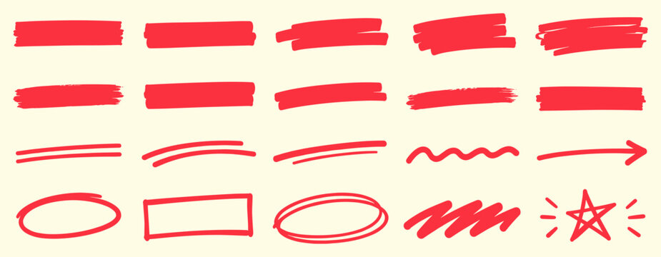 Hand drawn red marker highlight collection with text underlines, brush strokes, paper banner boxes, memo frames and textured scribble marks for notes, emphasis and graphic design