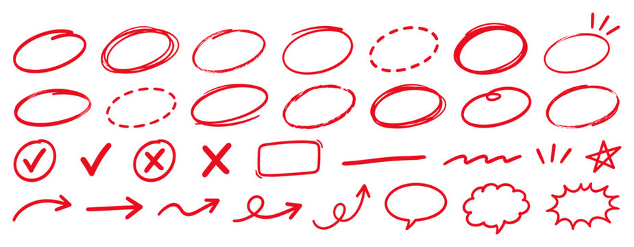 Hand drawn red oval brush set with circle frames, marker lines, pencil doodles, chalk rings, underline strokes, check marks and grunge textures vector illustration