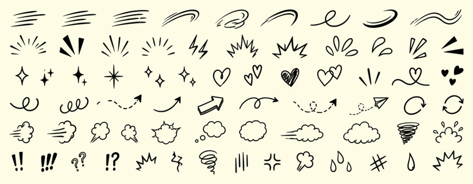 Hand drawn movement line element set with doodle strokes, comic motion marks, sparkle stars, hearts, emotion symbols and expressive sketch effects vector illustration