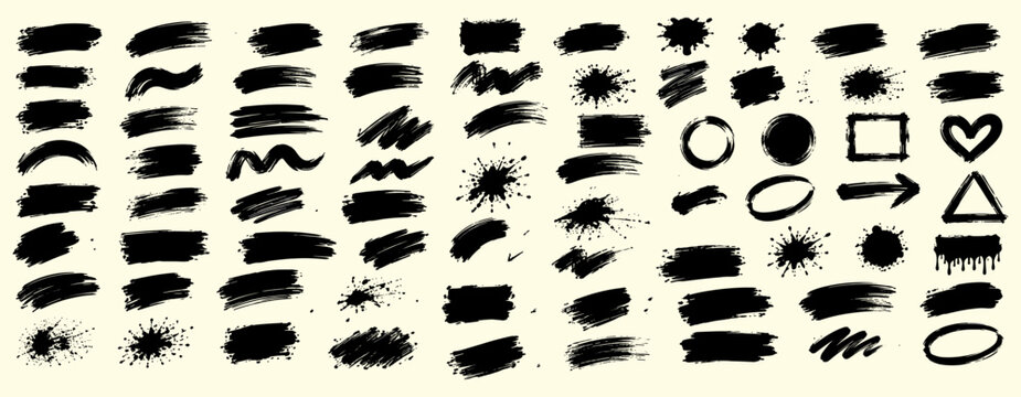 Hand drawn brush stroke set with rough paint swashes, textured banners, grunge frames, ink marks, labels and dry brush shapes for creative graphic design vector illustration
