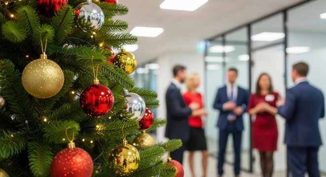 A decorated Christmas tree with gold, red, and silver ornaments in a modern office. Business professionals in formal attire gather for a holiday celebration. Perfect for corporate seasonal content.
