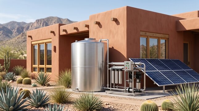 Modern residential rainwater harvesting system with stainless steel storage tank and solar panels in desert adobe home, depicting water conservation, sustainable infrastructure, and off-grid living