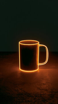 Minimalist glowing neon mug on dark rooftop with mysterious eerie drone aerial