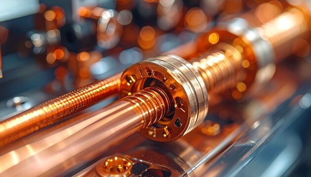 Close up of intricate copper pipework and machinery in a laboratory setting.