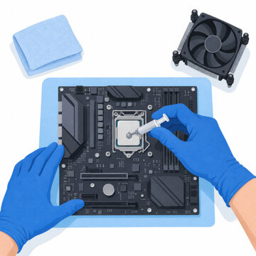 Gloved technician applies thermal paste to a processor on a computer motherboard beside a cooling fan and cloth. Hardware maintenance and repair concept.