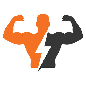 Muscular bodybuilder silhouette with lightning bolt symbol