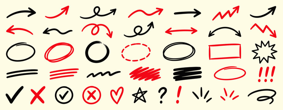 Arrow and highlight marker stroke set with hand drawn underline, circle, check mark, cross and brush scribble elements for notes, emphasis, study and vector illustration