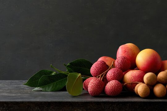 Fresh Lychees and Longans with Green Leaves on Dark Table Surface