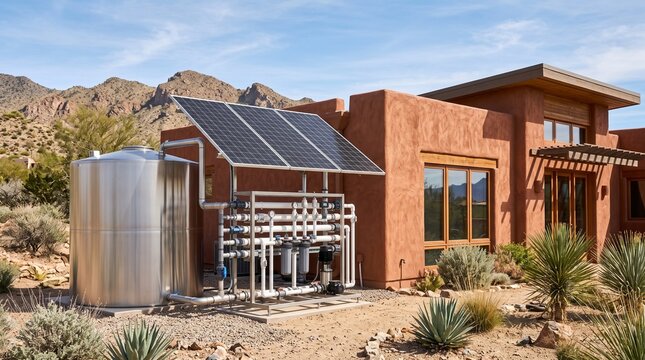 Eco-friendly rainwater collection tank and purification system with solar panel array beside modern desert home, portraying sustainable water management, renewable energy, and self-sufficient living