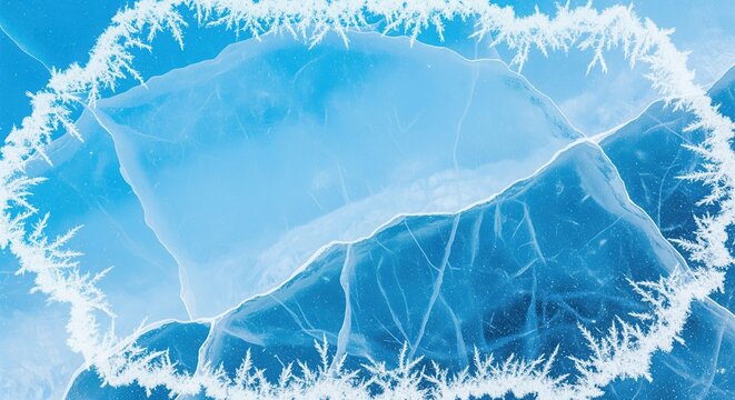 Close-up of frozen lake surface with delicate ice crystals forming intricate patterns and cracks. White frost creates detailed textures across transparent blue ice. Perfect for winter themes.